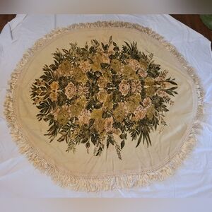 Vintage Antique Oval Gold Green Pink Silk Jacquard Velvet Rose Floral Tablecloth